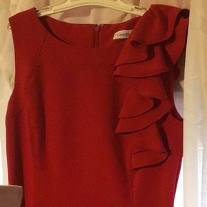 Calvin Klein red shift dress with side ruffle